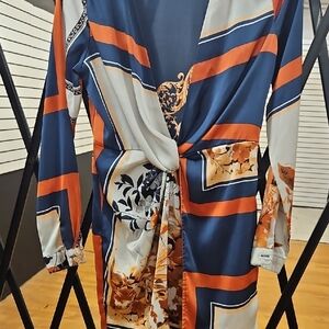 Elegant Blue and Orange Wrap Dress
